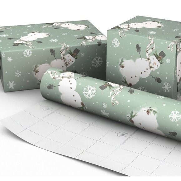 Hallmark Wrapping Paper Christmas Snowman Snowflakes on Sage 22.5 sq ft Roll - Picture 3 of 4